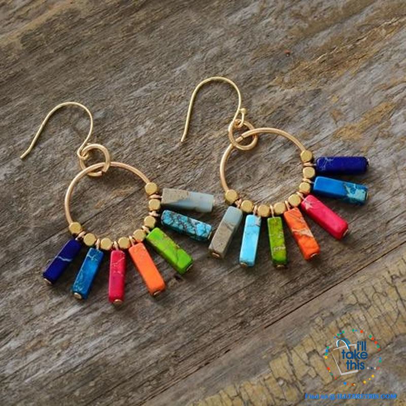 Handmade Bohemian Multi-Colored Natural Stone Chakra Earrings - Gold Color Dangle Earrings