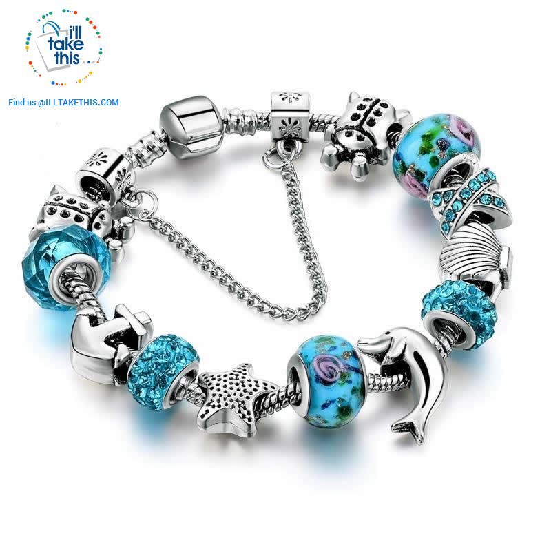 Aqua Marine Crystal Charm Bracelet Inspired Oceanic Style with Multiple Beads and Dolphin Charms
