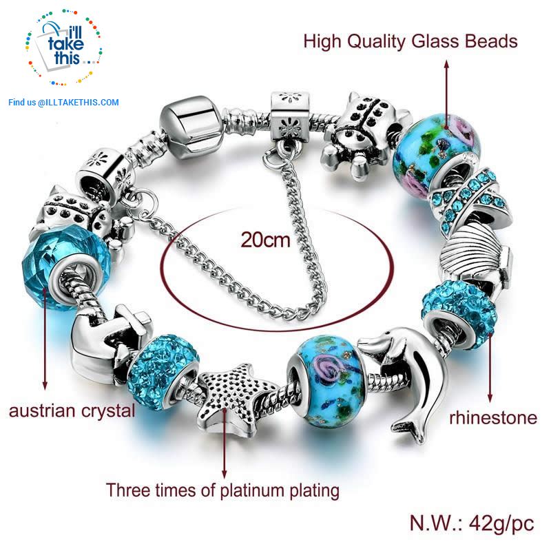 Aqua Marine Crystal Charm Bracelet Inspired Oceanic Style with Multiple Beads and Dolphin Charms