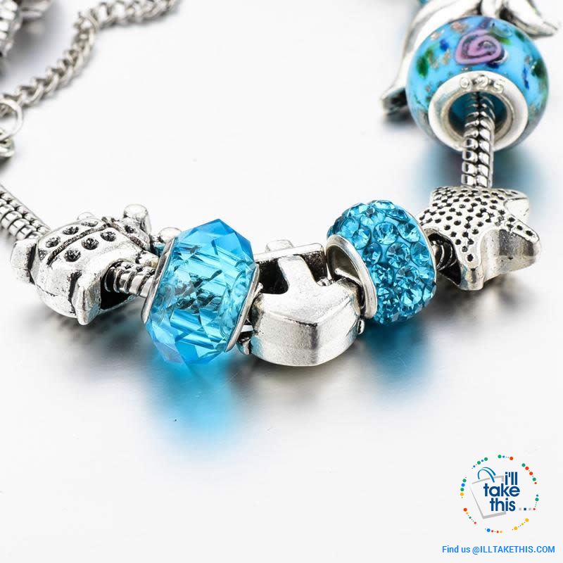 Aqua Marine Crystal Charm Bracelet Inspired Oceanic Style with Multiple Beads and Dolphin Charms