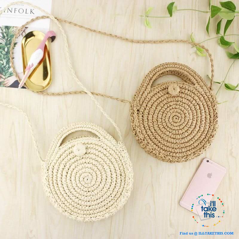 Handwoven Round Rattan?Straw handbag, ideal Crossbody bag coupled with handles - 2 Colors options