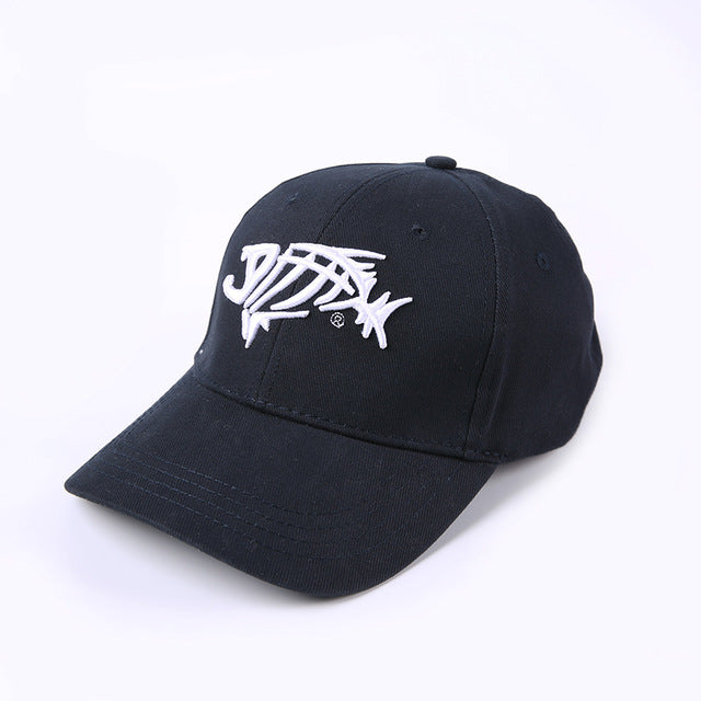 Pure Cotton Fish Bones Embroidered Baseball Fishing Caps, Black-White or Navy-Gold