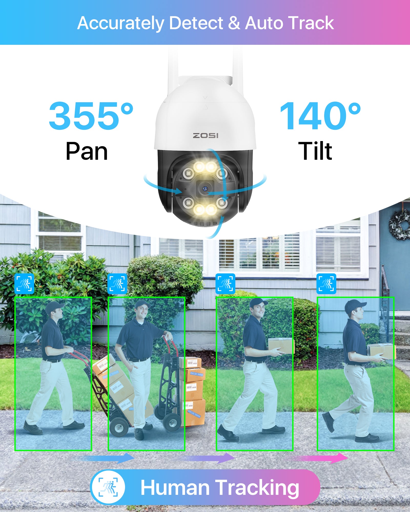 ZOSI C289 1080P WiFi Pan/Tilt Cámara de seguridad para exteriores, cámara  IP PTZ de vigilancia doméstica, alarma de sirena de luz inteligente, visión