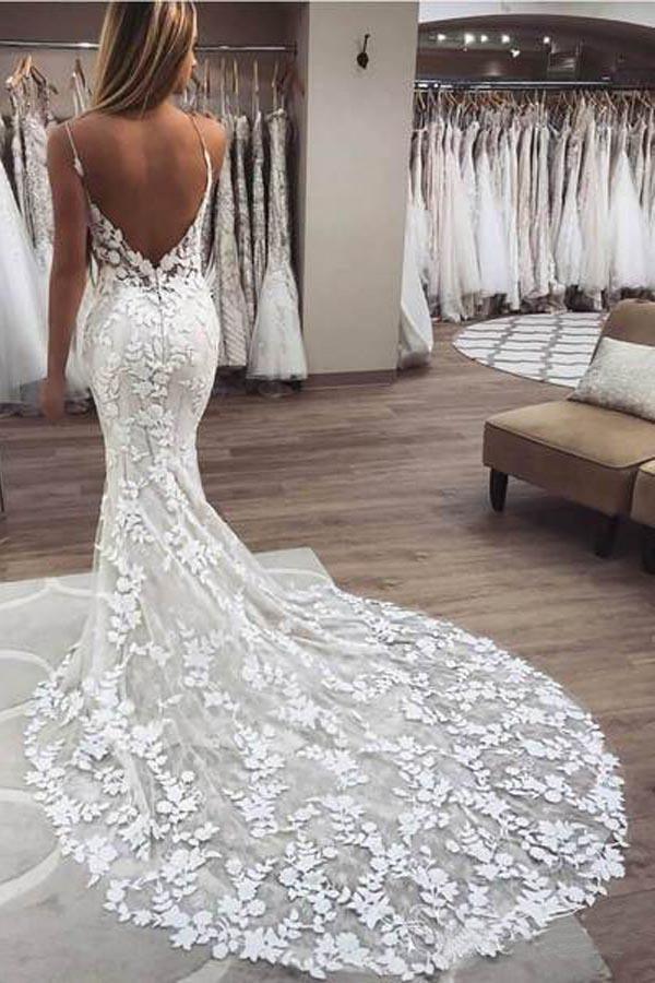Superbes robes de mariée en dentelle à bretelles sirène et dos ouvert WD305