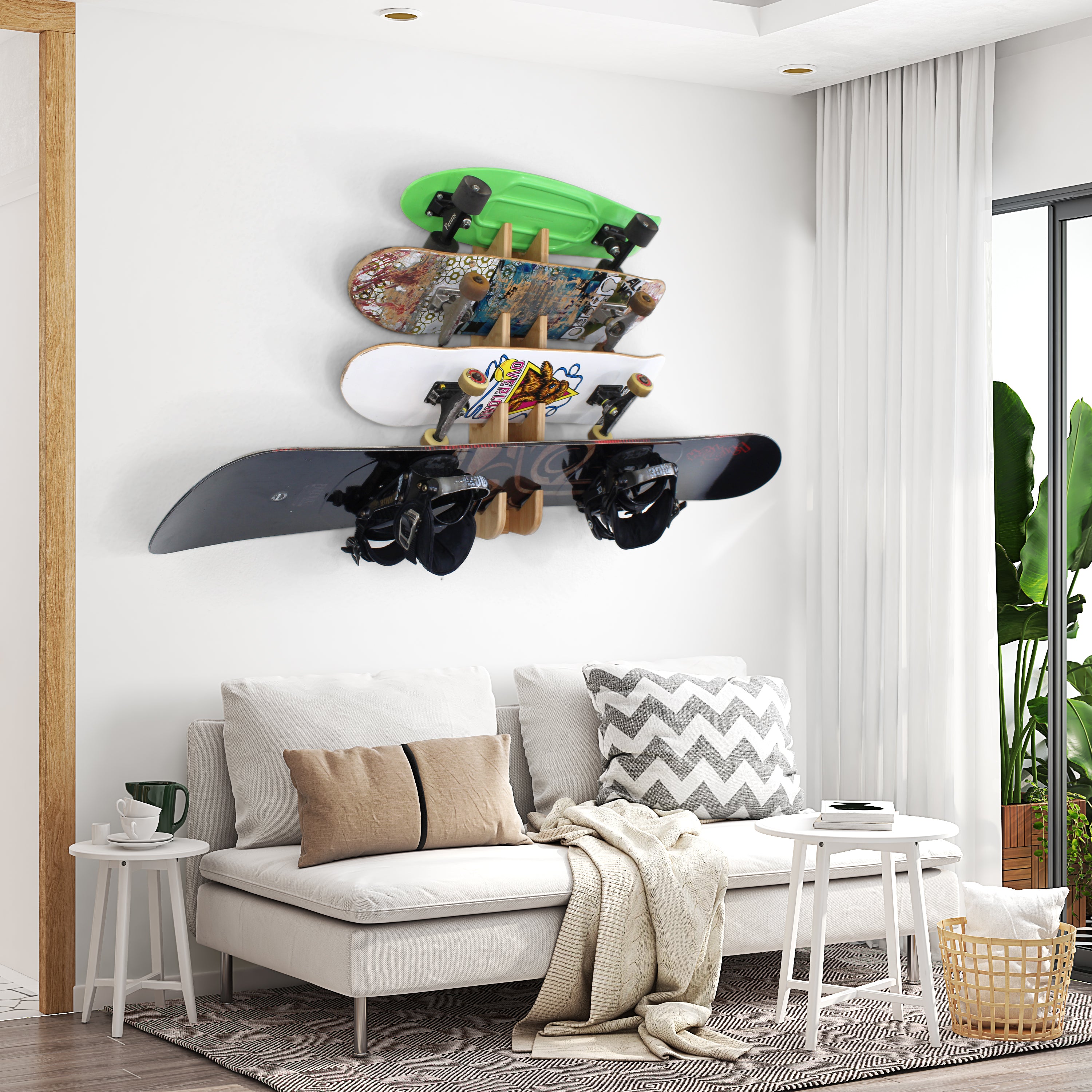 Four-Board Skateboard and Snowboard Bamboo Wall Rack