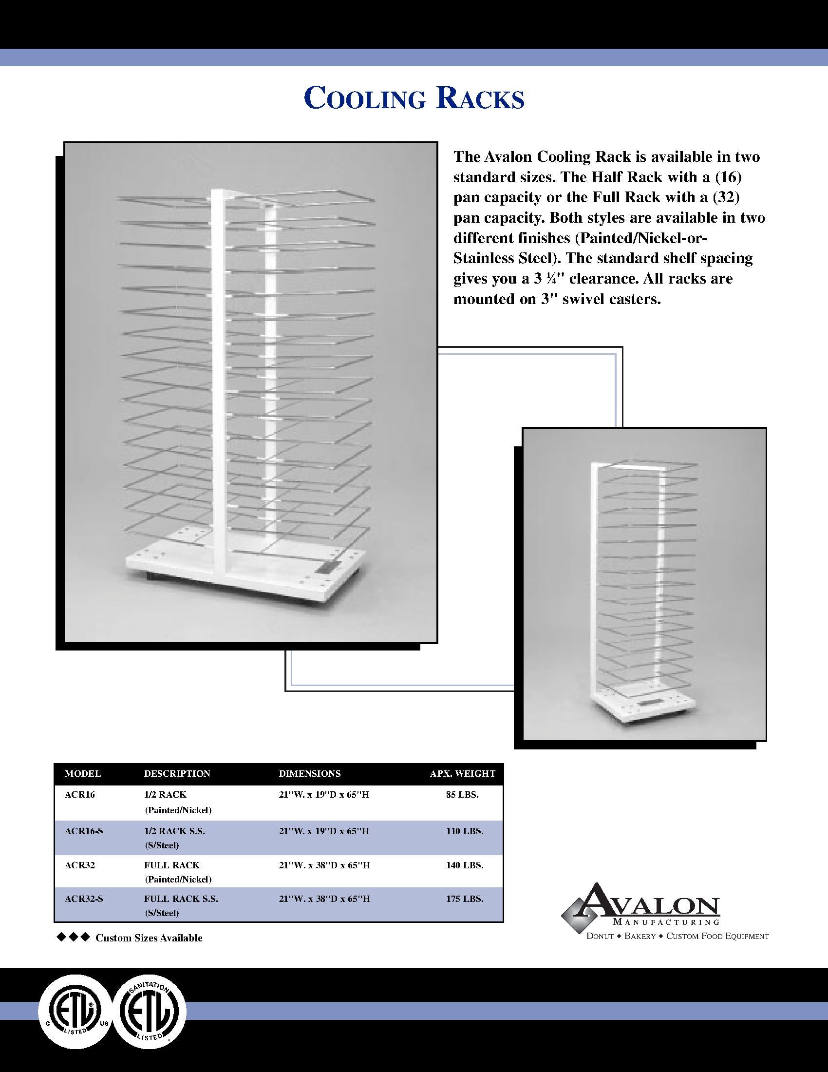 Avalon ACR16 Stainless Steel Cooling Rack With 16 Slides 1/2 Racks On 3