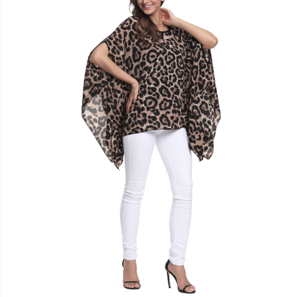 Womens Leopard Print Batwing Chiffon Top