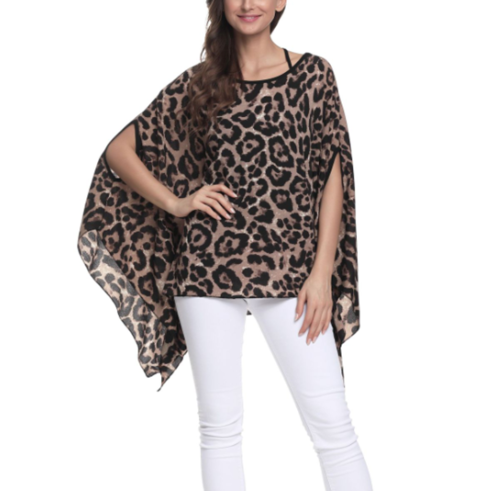 Womens Leopard Print Batwing Chiffon Top