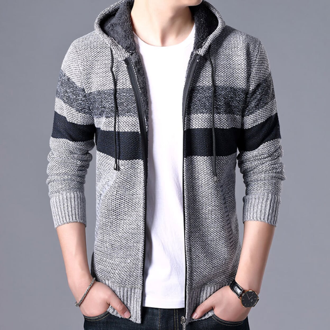 Mens Striped Knit Cardigan with Hood in Red