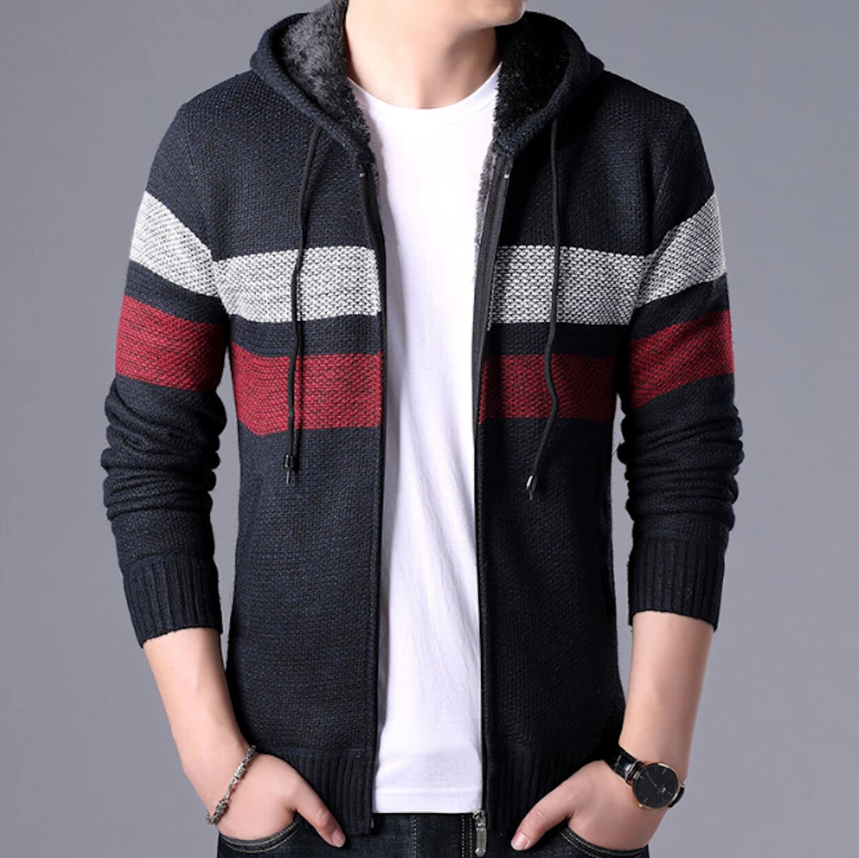 Mens Striped Knit Cardigan with Hood in Red