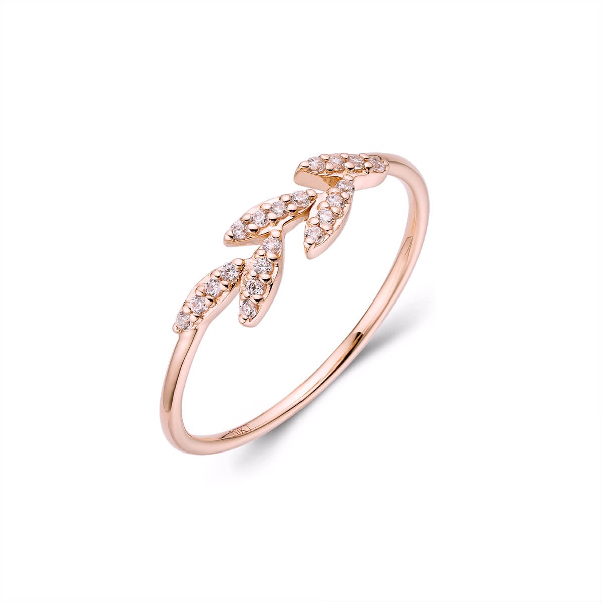 Womens Simple single branch Leaf Ring with cz diamonds