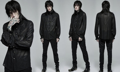 Punk Rave Men's Gothic Stand Collar Floral Embroidered Shirt