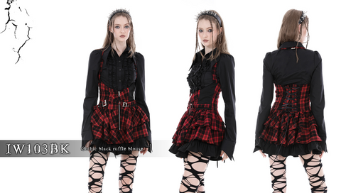 Damen-Gothic-Hemd mit Umlegekragen und Rüschen in Schwarz