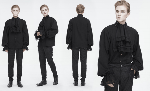 Men's Gothic Puff Sleeved Stand Collar Shirt with Necktie