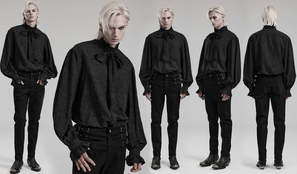 Men's Gothic Stand Collar Puff Sleeved Jacquard Shirt with Necktie