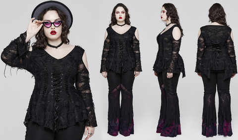 Women's Plus Size Gothic Off Shoulder Flared Sleeved Lace Shirt