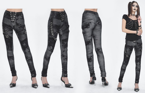 Leggings con cordones y hebilla teñida punk para mujer, color negro