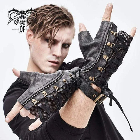 Mitad de guantes de piel sintética de malla con cordones punk para hombre