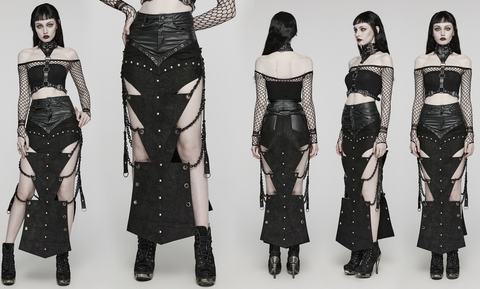 Women's Punk Triangular Pieces Eyelet Cutout Chain Long Skirt