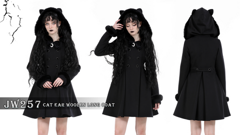 Flauschiger, gespleißter Gothic-Wollmantel für Damen mit Katzenohren-Kapuze