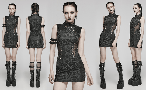 Women's Punk Mesh Ring Cutout Sleeveless Short Dress