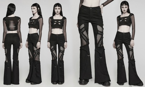 Women's Punk Mesh Eyelet Ring Flared Pants