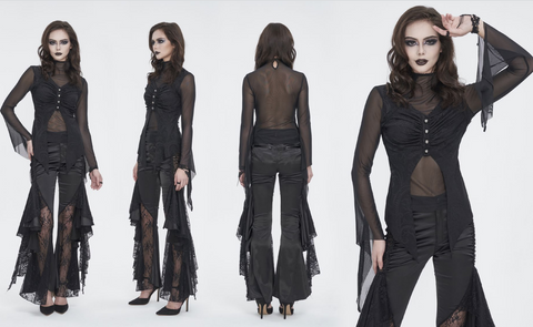 Women's Gothic Jacquard Mesh Ruffled Long Sleeved Shirt