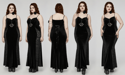 Women's Plus Size Gothic Lace Splice Velvet Fishtail Evening Slip Dress