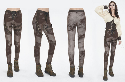 Women's Punk Tie-dyed Buckle Lace-Up Leggings Coffee