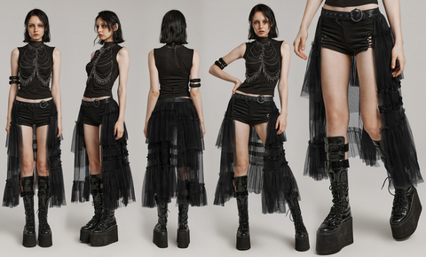 Women's Gothic Buckle Ruffled Mesh Long Overskirt Black