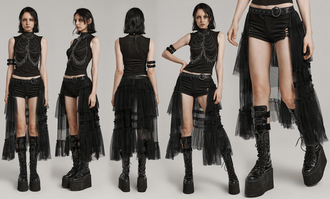 Women's Gothic Buckle Ruffled Mesh Long Overskirt Black