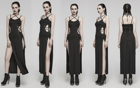 Women's Punk Cutout Side Slit Lace-Up Halter Slip Dress