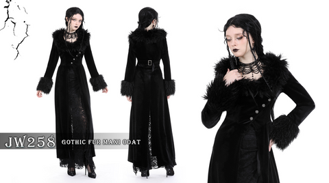 Cappotto da donna in velluto diviso gotico con collo in pelliccia sintetica