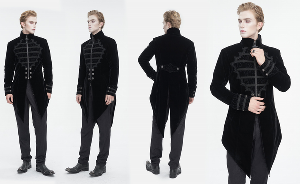 Męski gotycki płaszcz ze stójką, koronką i jaskółczym ogonem, czarny