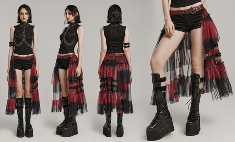 Women's Gothic Buckle Ruffled Mesh Long Overskirt Black-Red