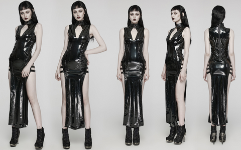 Women's Punk Cutout Side Slit Buckle Maxi Dress