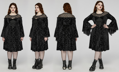 Women's Plus Size Gothic Flared Sleeved Embossed Velvet Formal Dress