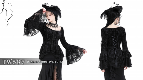 Damen-Gothic-Hemd aus Samt mit Falre-Ärmeln und Rüschen