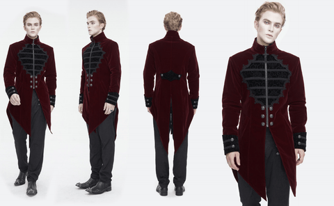 Men's Gothic Stand Collar Lace Splice Swallow-tailed Coat Red