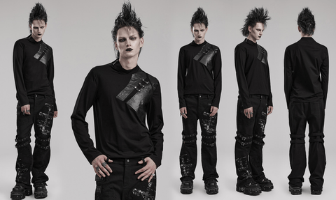 Men's Punk Faux Leather Splice Shirt