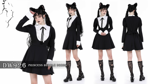 Women's Gothic Puff Sleeved Double Color Dress