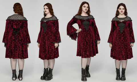 Women's Plus Size Gothic Flared Sleeved Embossed Velvet Red Formal Dress