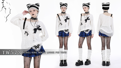 여성용 펑크 슬래시 숄더 리본 핀 스웨터