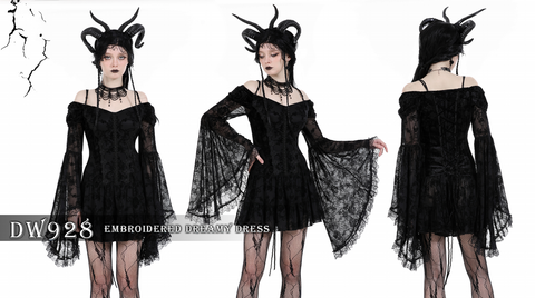 Damska gotycka sukienka z odkrytymi ramionami i aksamitną siateczką