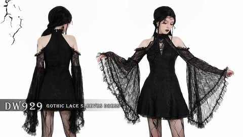 Damska gotycka sukienka z odkrytymi ramionami, koronką i rozkloszowanymi rękawami
