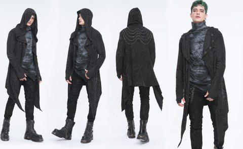 Men's Gothic Irregular Multi-chain Coat with Hood Black