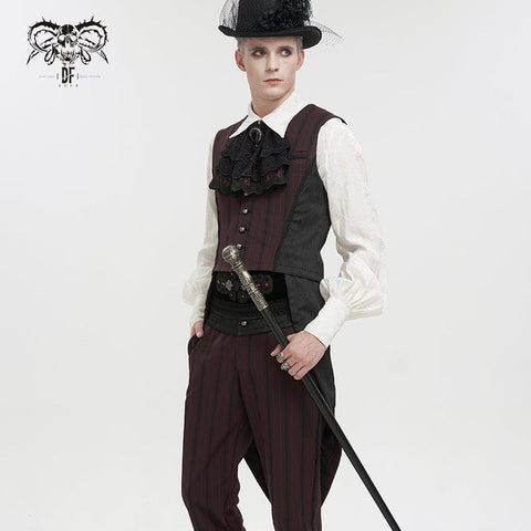 Men's Gothic Stripes Waistcoat Red with Detachable Swallow Tail