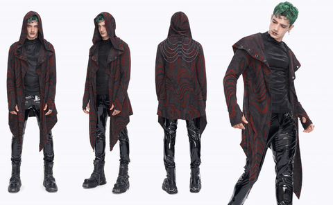Men's Gothic Irregular Multi-chain Coat with Hood Red