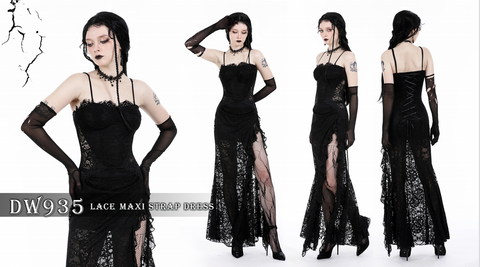 Damska gotycka sukienka z marszczonymi koronkami i rozcięciami po bokach