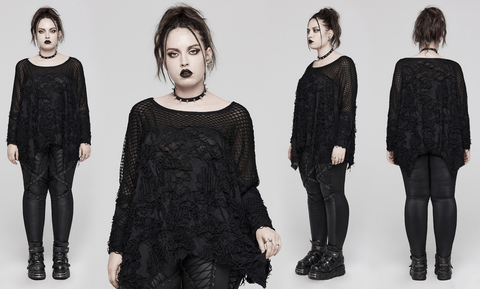 Damen-Hemd im Gothic-Stil in Übergröße mit unregelmäßigem, zerrissenem Netzstoff und Spleißmuster